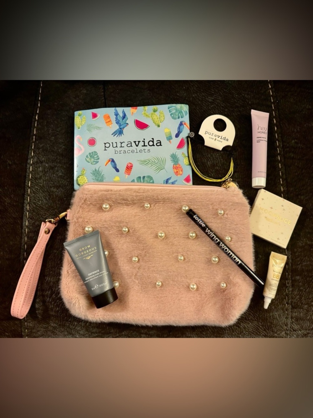 Ulta Beauty Pink Faux Fur Pearl Wristlet Bag